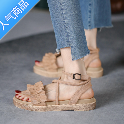 SUNTEK仙女罗马鞋学生2023今年新款软底配裙扣带凉鞋网红百搭平底鞋大码