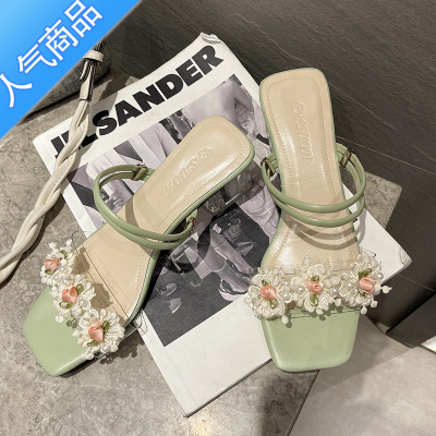 SUNTEK凉鞋女夏2023年新款时尚花朵水晶粗跟高跟鞋仙女风中跟两穿凉拖鞋