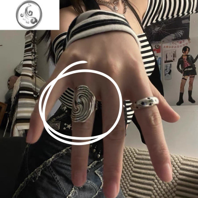 JiMi重工自制扭曲条纹叠层戒指做旧复古小众镜面椭圆形开口戒指