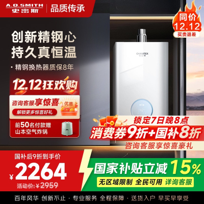 AO史密斯佳尼特13升燃气热水器佳尼特 小体积 不锈钢换热器8年包换 恒温大水量 抗风防冻 JSQ26-TCA1