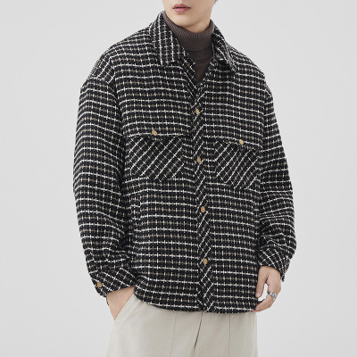 |冬季加绒男装格子格纹外套多口袋落肩休闲毛呢夹克外套男