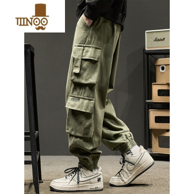YANXU工装裤男美式潮牌宽松痞帅多口袋军绿色束脚裤秋季潮流复古伞兵裤