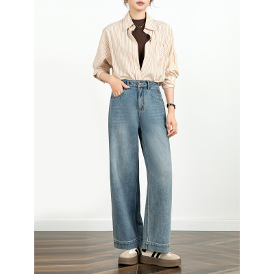 加绒加厚冬季刺绣牛仔裤女宽松高腰弹力柔软九分阔腿裤