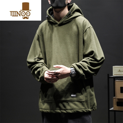 YANXU款摇粒绒圆领连帽卫衣男加绒加厚宽松大码套头复古长袖外套潮