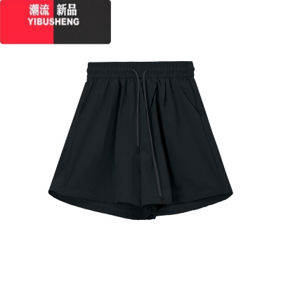 YIBUSHENG白色松紧腰抽绳运动裤休闲裤女季宽松阔腿裤简约百搭显瘦短裤子