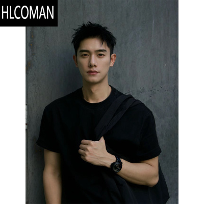 HLCOMAN黑色高品质男士t恤正肩短袖夏季2025新款弹力修身上衣内搭打底衫