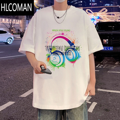 HLCOMAN短袖t恤男夏季2025新款潮牌宽松上衣耳机印花港风男生体恤衫