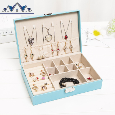 皮革双层首饰盒公主欧式韩国手饰品木质耳钉耳环首饰收纳饰品盒 三维工匠收纳盒