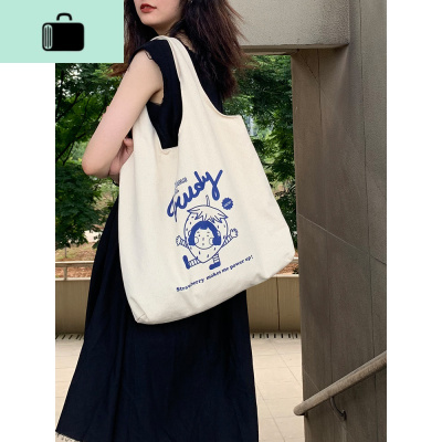 莓娃娃卡通印花大容量帆布袋文艺百搭小清新学生上课单肩包NEW LAKE 白色女士单肩包