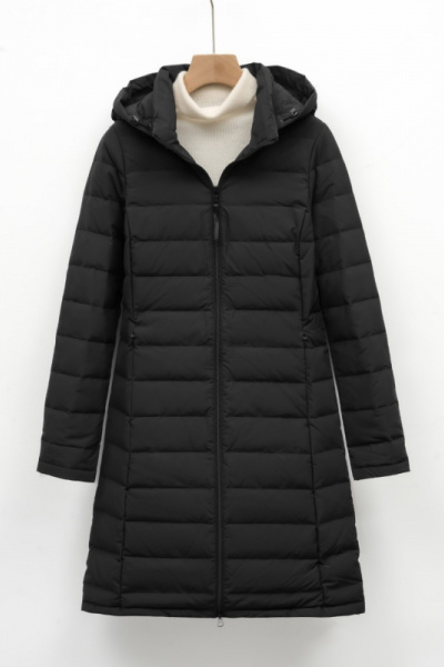 新款女式90绒纯色女装连帽带帽无缝羽绒服中长款大码外套