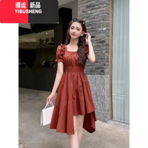 YIBUSHENG大码法式时尚公主气质不规则下摆设计收腰方口领泡泡袖连衣裙女