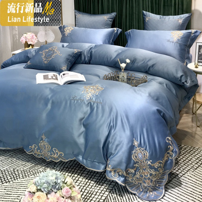 棉网红款刺绣被套1.8m棉床笠四件套简约欧式床上用品 三维工匠