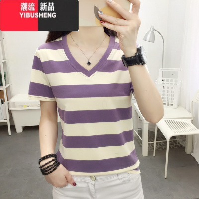 YIBUSHENG胖mm大码宽松显瘦短袖T恤女装装遮肚子体恤条纹v领上衣洋气