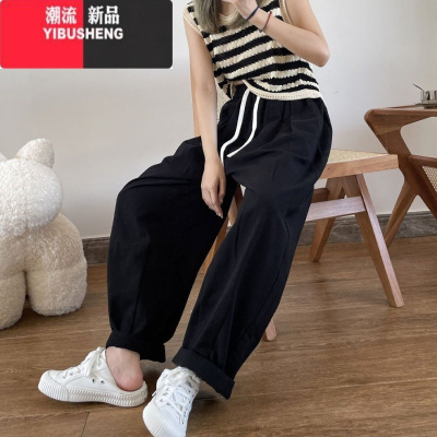 YIBUSHENG卡其色工装阔腿运动裤女日系长裤子季韩版高街bm雅痞直筒休闲裤