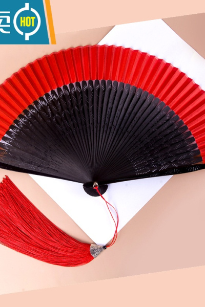 XIANCAI红色舞蹈大扇子古风女式跳舞扇汉服随身折叠扇模特旗袍走秀23厘米 红色素面22厘米