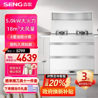 森歌(SENG)L1海豚系列二星级消毒白色集成灶一体灶 家用新风系统消毒柜集成柜抽油烟机一体机套装 白色 天然气