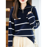 秋冬韩版新款宽松时尚高领撞色休闲毛衣女条纹套头针织衫外套拉链