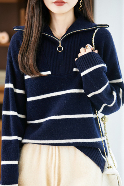 秋冬韩版新款宽松时尚高领撞色休闲毛衣女条纹套头针织衫外套拉链