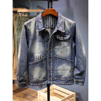 条纹拼接夹克男年春秋新款宽松休闲牛仔外套男士品质轻奢上衣