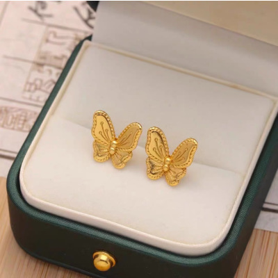 仿真越南小蝴蝶沙金耳钉女铜镀金仿黄金耳环首饰久不掉色婚庆耳针送女朋友老婆情人节七夕生日礼物
