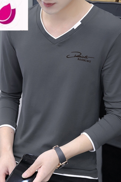 七斓长袖男士T恤2023春装新款v领英伦风修身衫休闲简约上衣