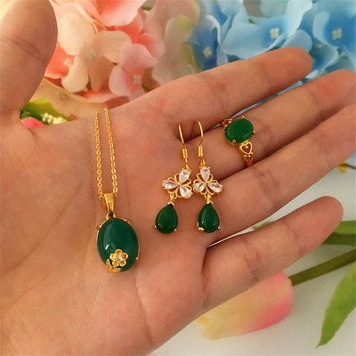 新款仿越南沙金绿宝石指环婚庆镀24k黄金色宝石三件套宝石戒指女送女朋友老婆情人节七夕生日礼物