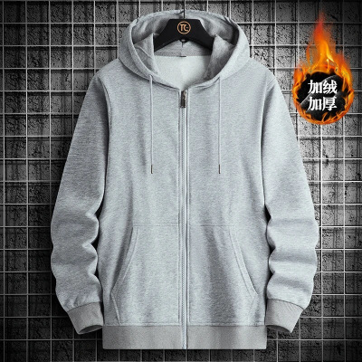 外套男士秋冬季加绒加厚复合不倒绒纯色大码拉链连帽卫衣