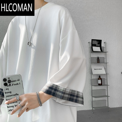 HLCOMAN格子七分袖男t恤宽松大码夏季2025新款中袖上衣潮青少年短袖体恤