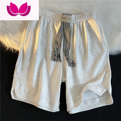 七斓日系纯色编织绳运动短裤男生宽松休闲直筒垂堕感五分哈伦阔腿裤子