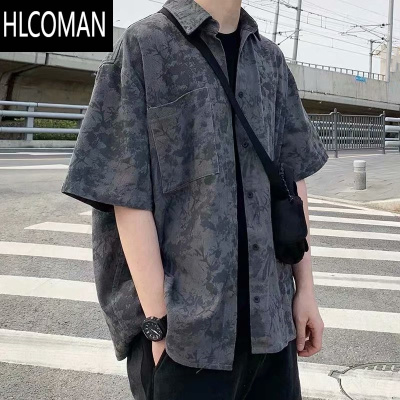 HLCOMANins扎染衬衫男夏季速干帅气短袖痞风日系休闲宽松薄半袖衬衣