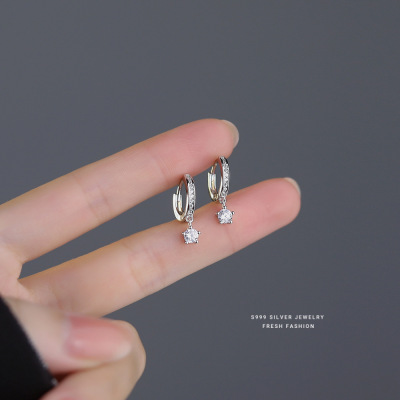 s999足银星星锆石耳圈女轻奢轻奢感闪钻超闪小众小众设计耳环耳扣送女朋友老婆情人节七夕生日礼物