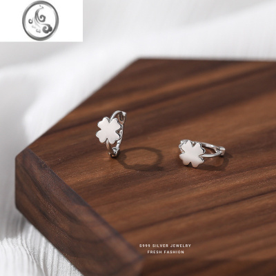 JiMi999足银光面四叶草耳扣女韩版轻奢简约气质ins风可爱耳环耳饰