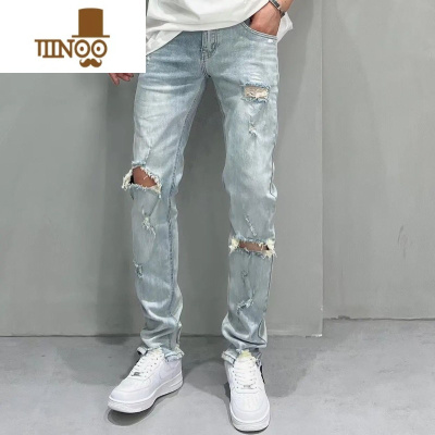 YANXU高端牛仔裤男破洞2022夏季新款韩版修身小脚时尚百搭微弹牛仔长裤