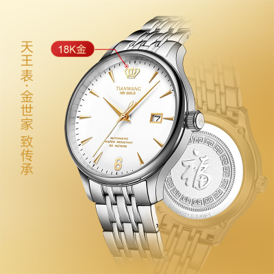 天王金标送福18K金logo尊享版男表商务休闲男士手表钢带机械表送男友礼5845