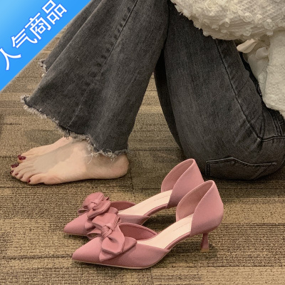 SUNTEK尖头单鞋女2023年夏季新款时尚百搭法式复古气质浅口蝴蝶结高跟鞋