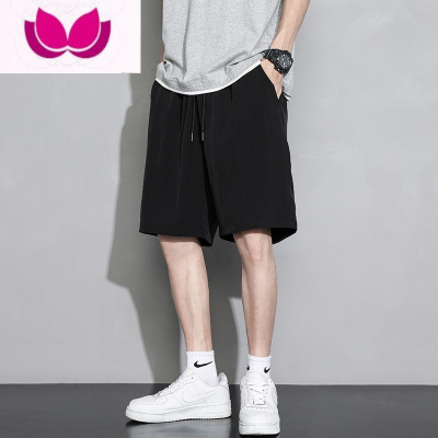 七斓男士短裤夏季冰丝薄款百搭运动五分裤男款宽松休闲黑色沙滩潮裤子