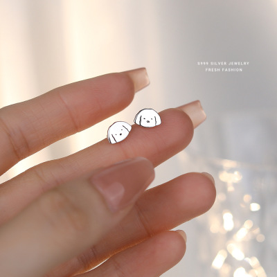 萌宠小狗耳钉女999纯银韩版时尚可爱ins新款卡通动物小巧足银耳饰送女朋友老婆情人节七夕生日礼物