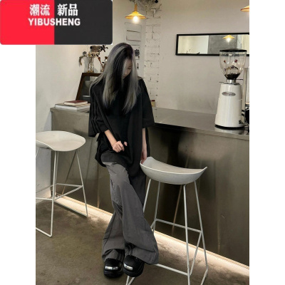YIBUSHENG美式高街三条杠短袖T恤女2024季oversize潮牌复古宽松半袖上衣