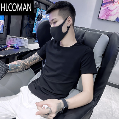 HLCOMAN短袖男修身衣服圆领潮男t恤精小伙半袖潮牌纯色上衣男紧身