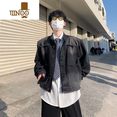 YANXU美式复古牛仔外套潮牌男士短款毛边设计感痞帅休闲夹克