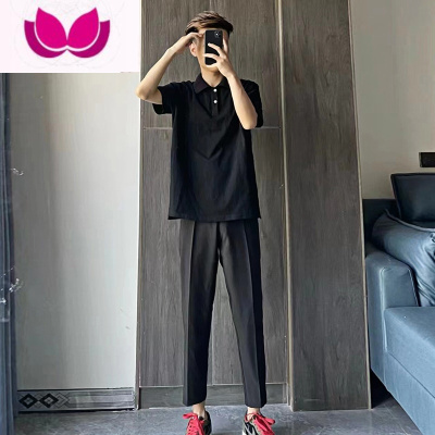 七斓美式痞帅短袖polo衫男国潮风学生黑色西裤宽松复古高端衬衫领T恤