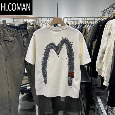 HLCOMAN2024夏季男国潮M字母印花圆领短袖T恤美式潮流宽松半袖痞帅体恤