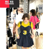 YIBUSHENG安妮不火 美式背带连衣裙蓬蓬裙女2024季新款微胖大码两件套装