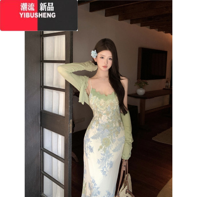 YIBUSHENG复古印花性感吊带连衣裙女季蕾丝拼接长裙露背收腰显瘦包臀裙子