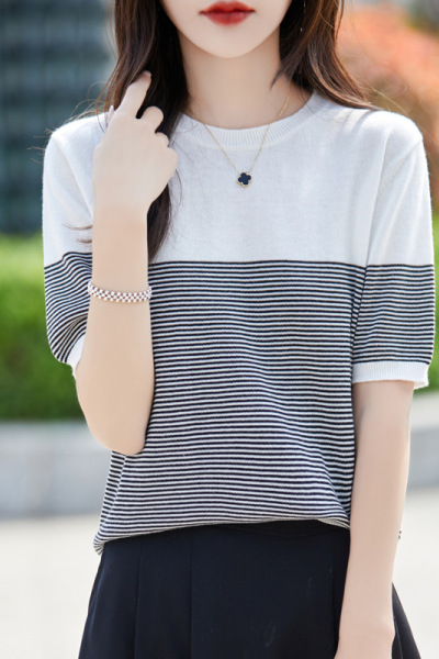 夏季女装短袖全纯色针织衫棉短袖女T恤女圆领背心条纹