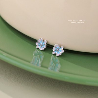 森系欧泊粉梦幻花朵耳钉女s999纯银小清新不对称滴胶足银耳饰百搭送女朋友老婆情人节七夕生日礼物