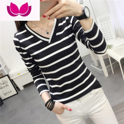 七斓2020早秋洋气质上衣长袖秋季新款女装百搭条纹v领打底衫t恤学生女