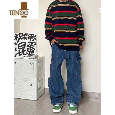 YANXU美式街头多口袋直筒牛仔裤男宽松古着vintage工装休闲阔腿裤长裤