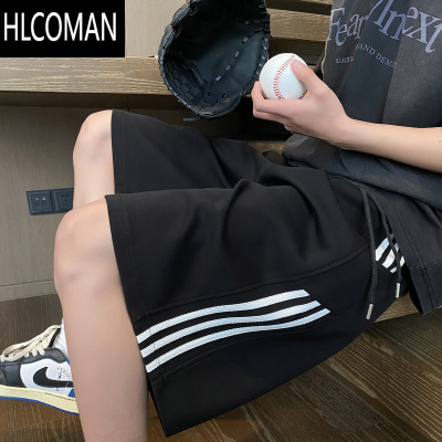 HLCOMAN潮流条纹休闲短裤男夏季外穿阔腿宽松中裤子针织运动五分卫裤