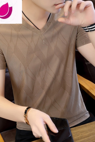 七斓夏装男士冰丝短袖t恤V领修身透气半袖体恤衫青年速干薄款丝滑上衣